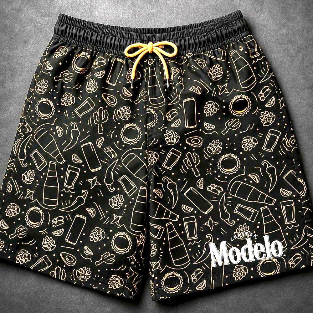 Modelo Beer Swim Trunks Mens Small Black Gold Graphic Board Shorts 28-30